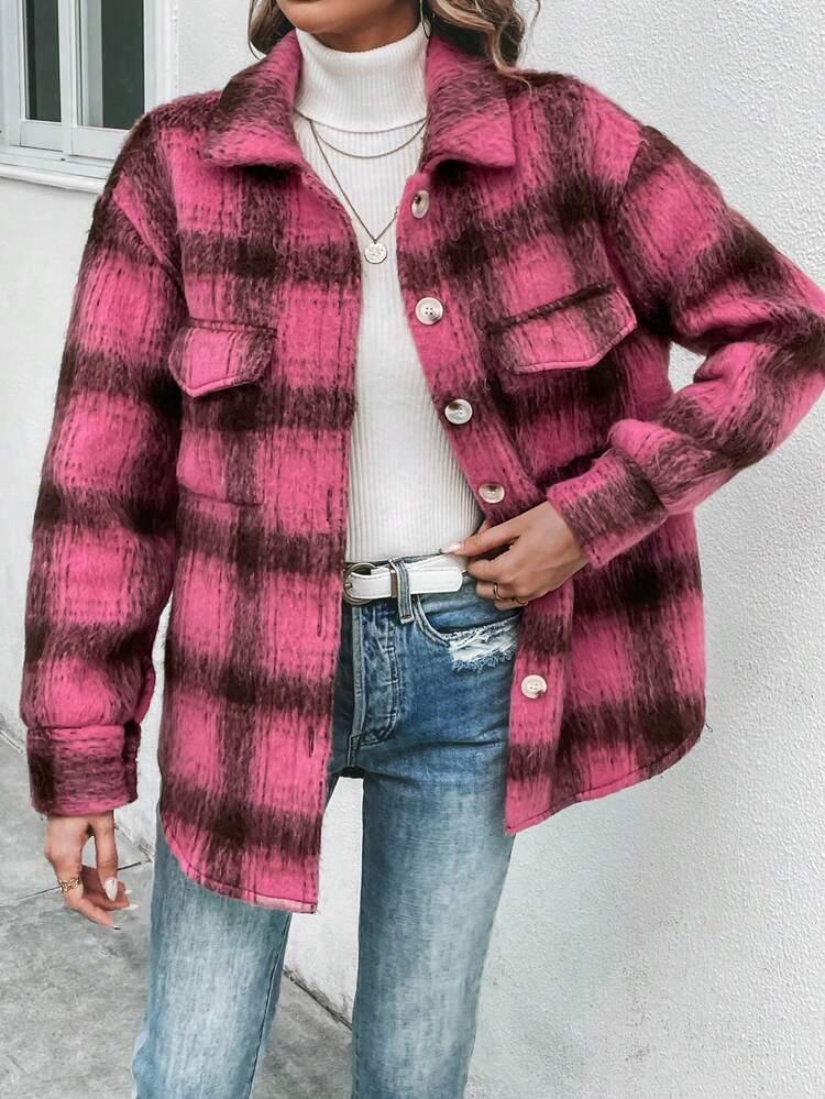 Plaid Print Drop Shoulder Flap Pocket Overcoat Fall Cloth For Women