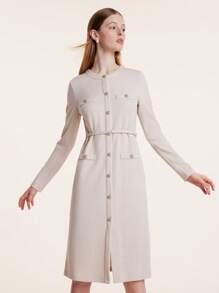 GOELIA Button Front Belted Long Sleeve Dress With Belt - Beige - View 1
