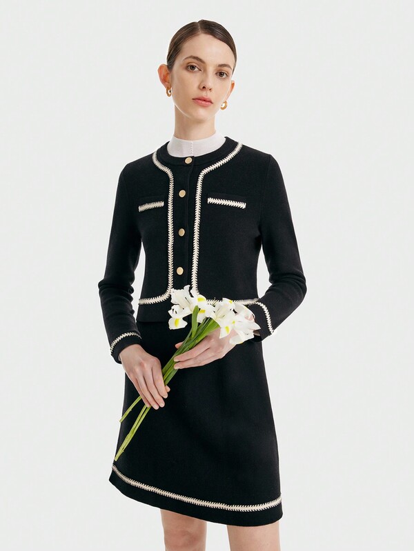 GOELIA GOELIA Contrast Trim Cardigan & Knit Skirt Two Piece Set