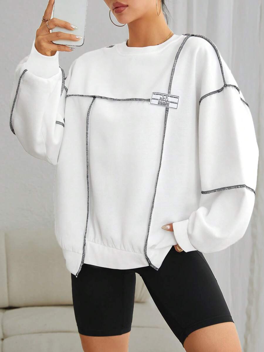 SHEIN EZwear Letter Patched Top-Stitching Drop Shoulder Sweatshirt In Fall/Winter - White - View 1