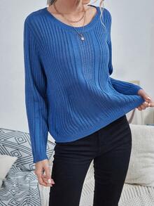 SHEIN LUNE Chất rắn Đồ đan Ribbed Áo len - Màu xanh lam - Xem 5