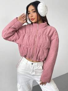SHEIN EZwear Áo khoác nhung kẻ có đệm vai thả khóa kéo - Màu Hồng baby - Xem 6