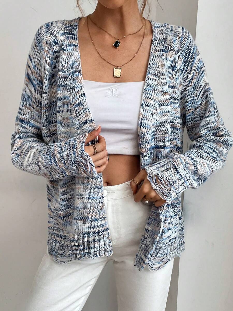 SHEIN Frenchy Space Dye Raglan Sleeve Open Front Distressed Cardigan - Blue - View 1