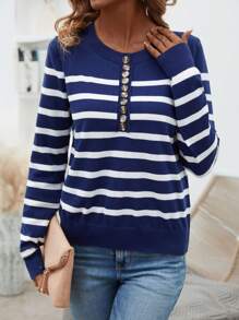 SHEIN LUNE Striped Pattern Half Button Knit Pullover Fall Winter Sweater - Multicolor - View 4