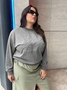 SHEIN Essnce 大碼字母壓紋落肩袖運動衫 - 灰色 - 查看 5