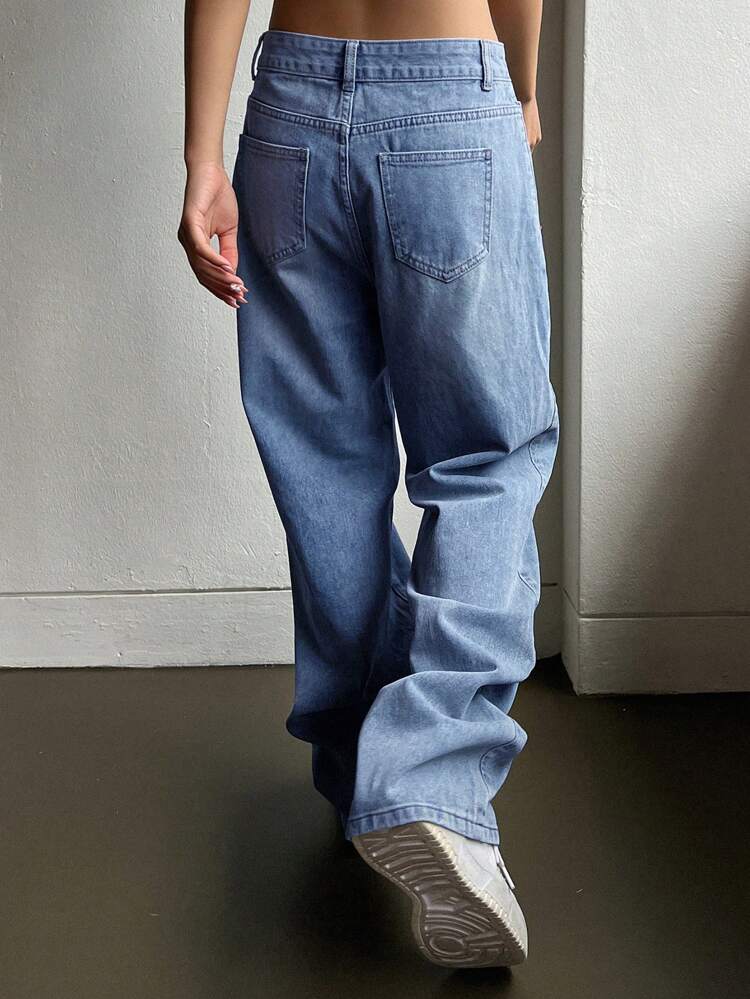 Zipper Fly Straight Leg Jeans,Baggy Jeans