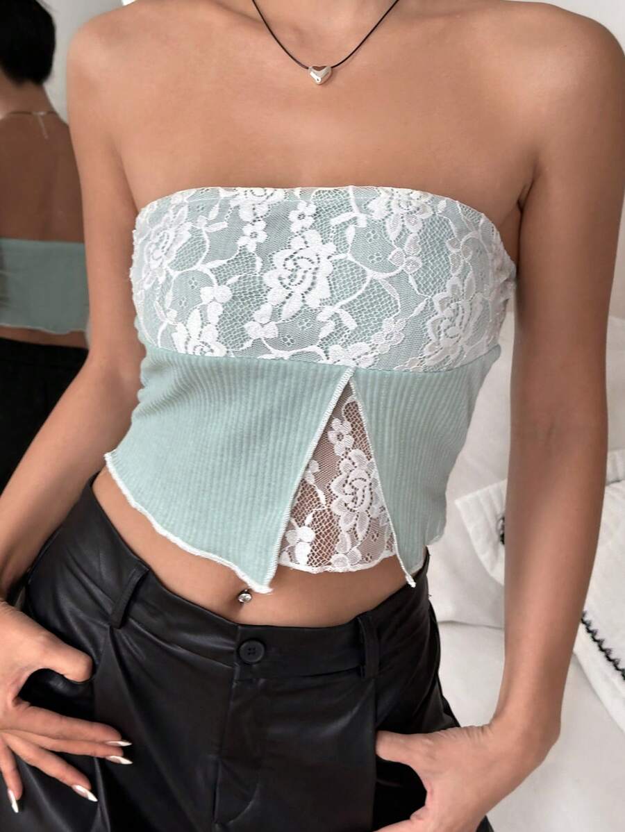 SHEIN Unity 蕾絲拼接下擺開叉抹胸上衣 - 薄荷綠 - 查看 1