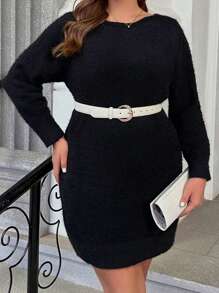 SHEIN Clasi Plus Solid Fuzzy Sweater Dress Without Belt - Black - View 1