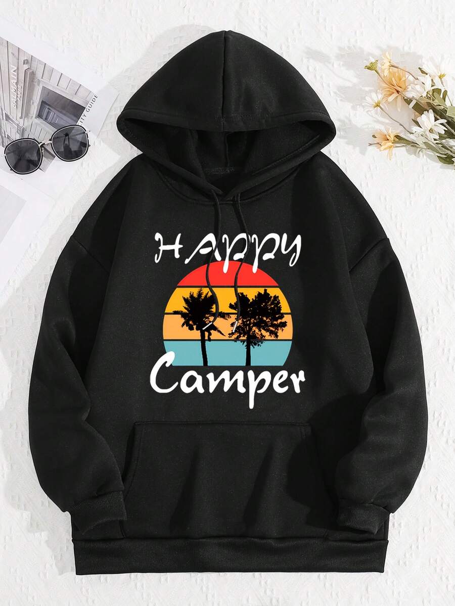 SHEIN EZwear Tree & Letter Graphic Kangaroo Pocket Drawstring Thermal Hoodie - Black - View 1