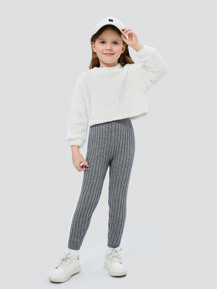 Young Girl 2pcs Ribbed Knit Sweater Pants