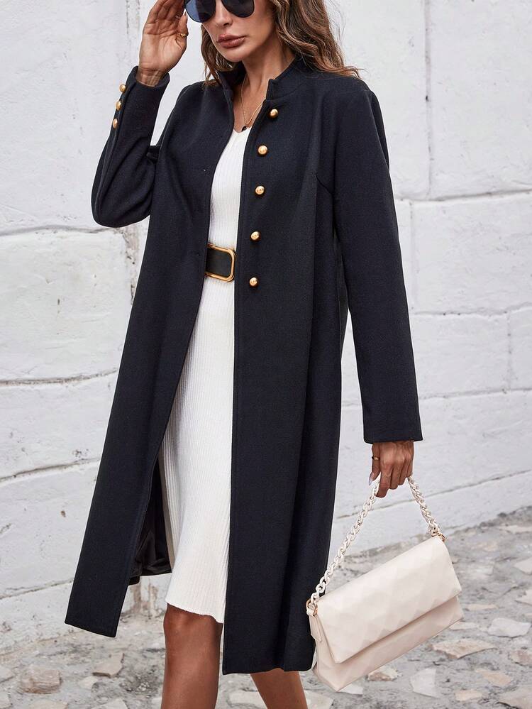 Solid Button Front Overcoat Fall Cloth For Women
