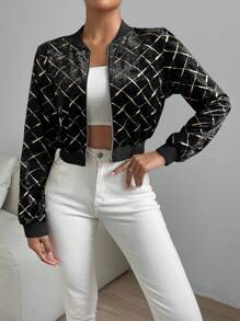 Allurite Cazadora tipo bomber dorado con patrón de rombo con cremallera de terciopelo - Burdeos - Ver 1