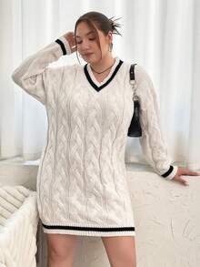 Flirla Hơn Sọc trang trí Thả vai Xoắn Dan Đầm Áo len - Đen và trắng - Xem 6