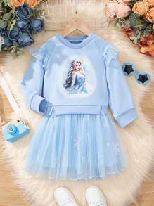 SHEIN Young Girl Figure Graphic Ruffle Trim Mesh Hem Dress - Baby Blue - View 1