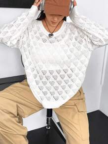 Flirla Suéter de Tricô Plus Size com Buracos Texturizados, Estilo Pullover Outono Inverno - Branco - Visão 6