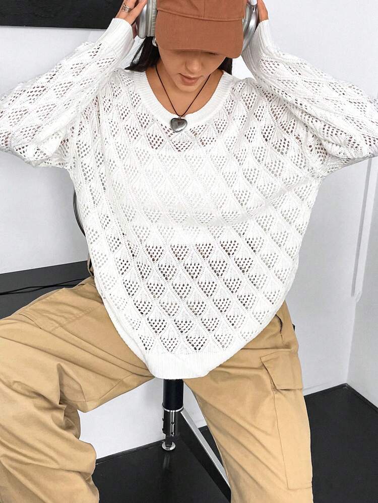 Plus Size Knitted Sweater With Textured Picking Holes, Pullover Style Fall Winter