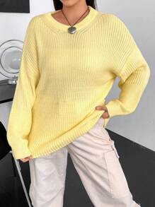 Flirla Plus Solid Drop Shoulder Sweater - Yellow - View 4