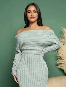 SHEIN SXY Vestido de hombros descubiertos fruncido tejido de canalé - Gris - Ver 3