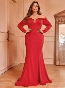 SHEIN Belle Kích thước lớn Off Shoulder Chất vải Nối Thanh lịch Mỹ nhân ngư Tay áo dài Chính thức Đầm dạ hội ( Nặng Làm việc ) - Đỏ - Xem 2