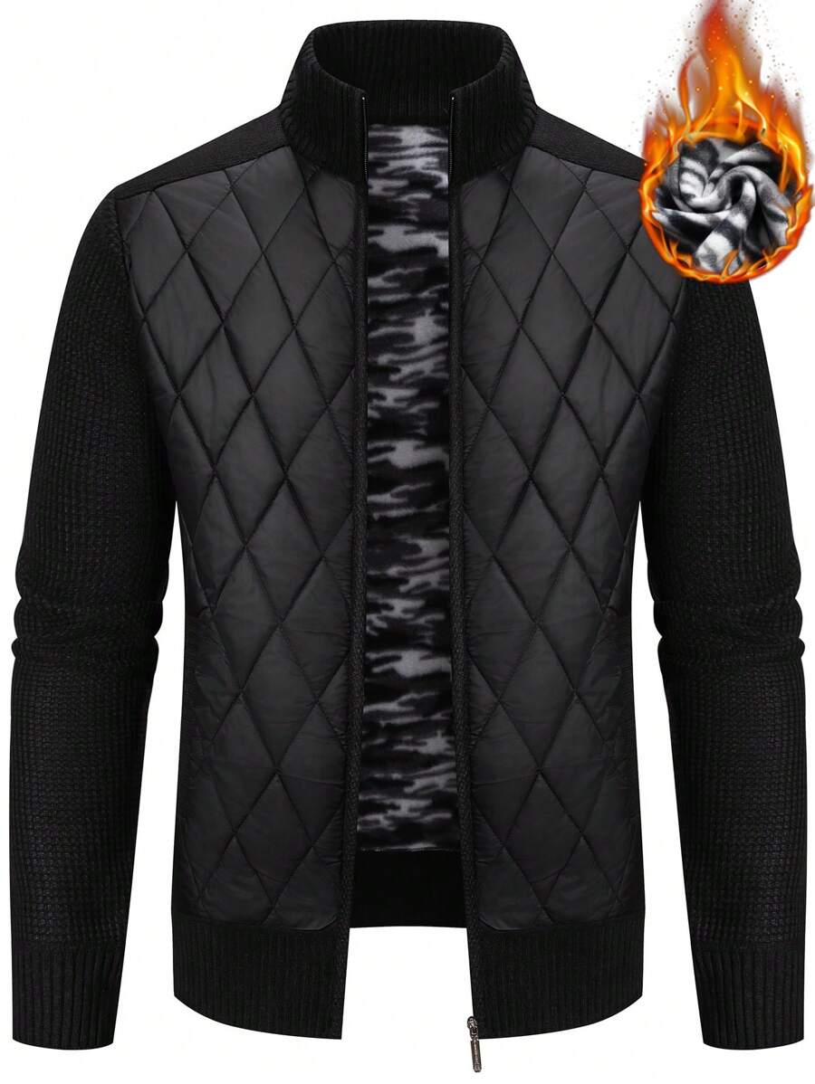 Manfinity Homme 男士纯色拉链保暖衬里绗缝开衫厚实纯黑色都市时尚丈夫装，适合秋冬