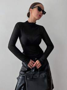 Mock Neck Lettuce Trim Tee Without Bra Long Sleeve Top - Black - View 3