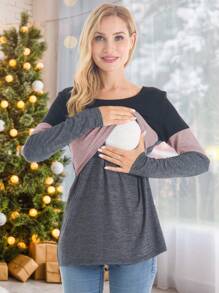 孕婦撞色哺乳T恤 - 淺粉色 - 查看 1