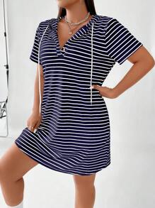 Flirla 夏季加大条纹抽绳连帽 T 恤连衣裙 - 藍色 - 查看 4