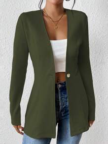 SHEIN Privé Chất rắn Nút đơn Áo vest - xanh quân đội - Xem 3