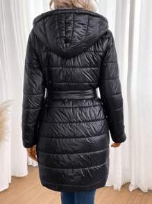 SHEIN Clasi Slant Pocket Hooded Belted Padded Padded Coat Clothes Winter - Black - View 2