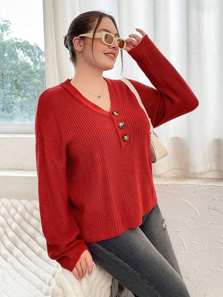 Plus Button Front Drop Shoulder Sweater Knit Pullover Fall Winter Sweater