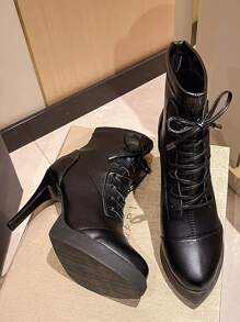 女性時尚尖頭繫帶靴,薄高跟鞋,防水防水台,合適的適用於場合