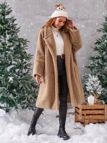 SHEIN Essnce Lapel Neck Slant Pocket Teddy Coat - Khaki - View 5