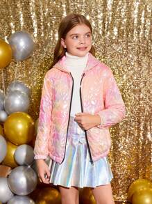 SHEIN Tween Girl' 激光面料心形拼布连帽短款棉服外套 - 粉色 - 查看 6
