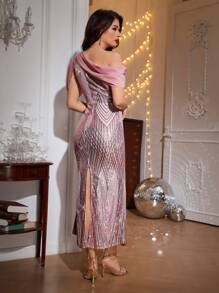 Allurite 不對稱領褶邊亮片洋裝 - 紫色 - 查看 2