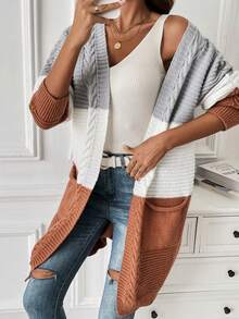 SHEIN LUNE 撞色雙口袋麻花編織落肩袖開襟開衫 - 彩色 - 查看 5