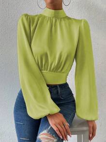 SHEIN Essnce Solid Tie Backless Lantern Sleeve Crop Blouse - Lime Green - View 6
