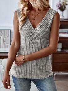 SHEIN LUNE 素色條紋針織背心上衣 - 淺灰色 - 查看 3