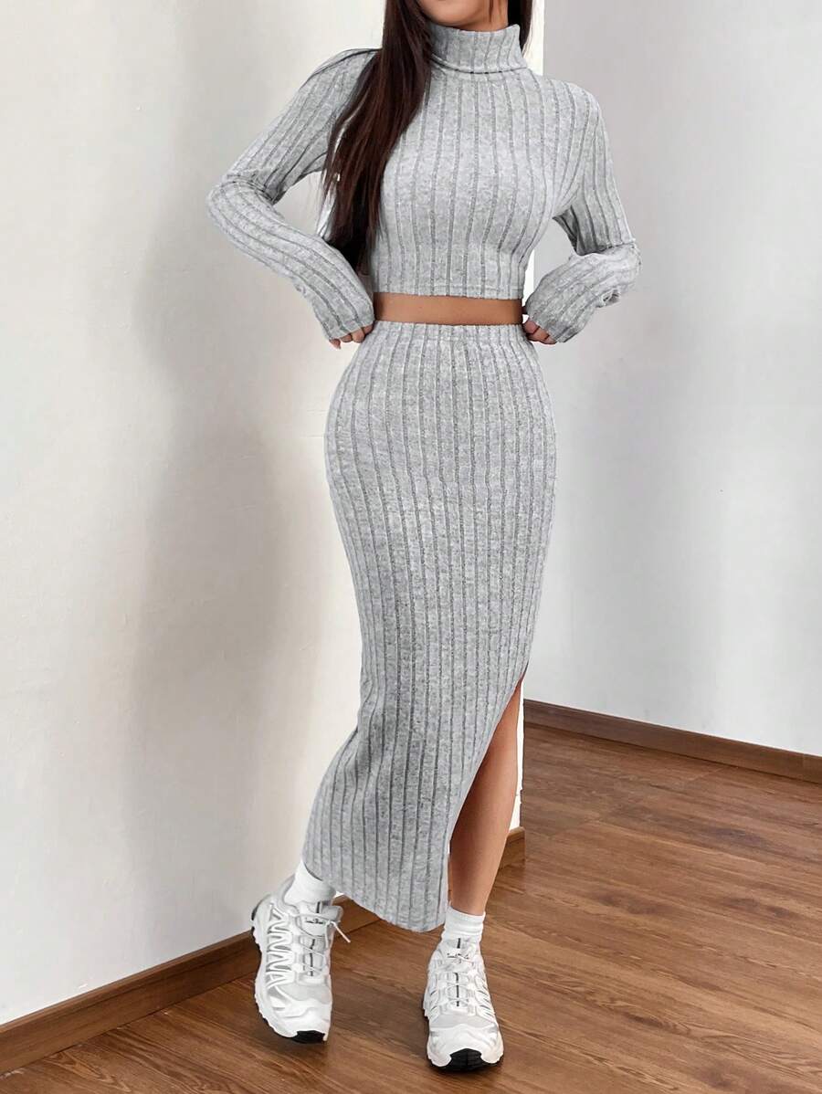 SHEIN EZwear Turtleneck Crop Tee & Split Thigh Skirt - Grey - View 1