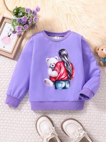 SHEIN Young Girl Bear & Figure Graphic Sweatshirt - Purple - View 1
