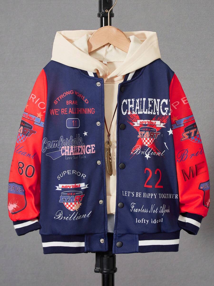 SHEIN Tween Boy Letter Graphic Striped Trim Varsity Jacket Without Hoodie - Multicolor - View 1