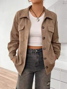 SHEIN Unity 翻蓋口袋落肩袖前紐扣外套 - 卡其色 - 查看 1