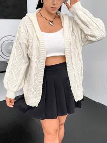 Flirla Plus Cable Knit Drop Shoulder Hooded Duster Cardigan - Beige - View 4