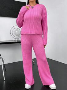Flirla Plus Drop Shoulder Sweater & Knit Pants - Hot Pink - View 3