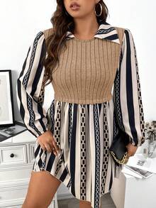 Celure Hơn Sọc & In Dây chuyền Tay áo lồng đèn Váy 2 trong 1 - Nhiều màu - Xem 7