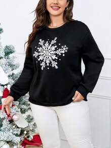 SHEIN LUNE Plus 雪花印花落肩運動衫保暖 - 黑色 - 查看 3