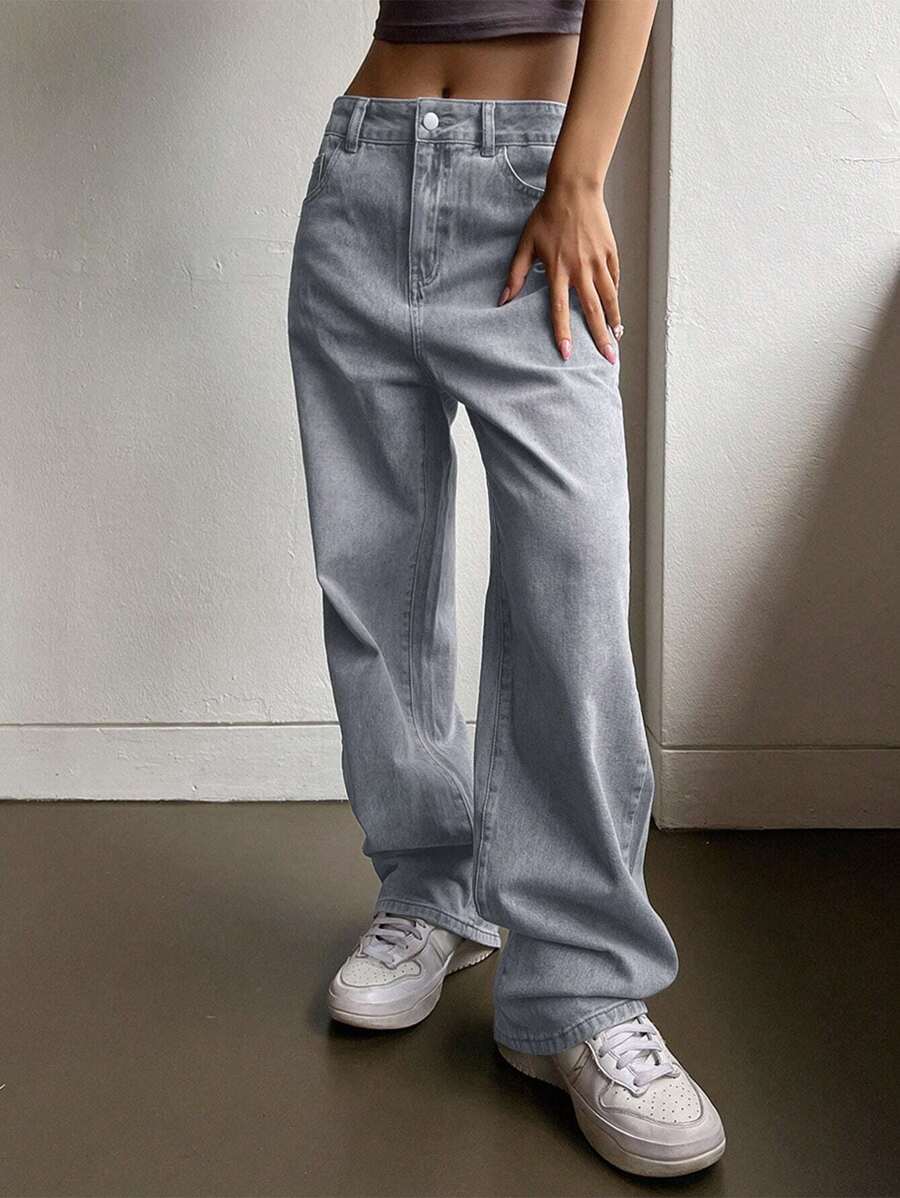 DAZY 纯色阔腿牛仔裤、宽松牛仔裤、返校服装 - 淺灰色 - 查看 1