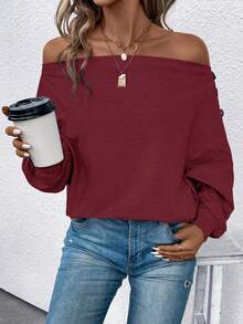 SHEIN LUNE Off Shoulder Button Detail Sweatshirt - Burgundy - View 4