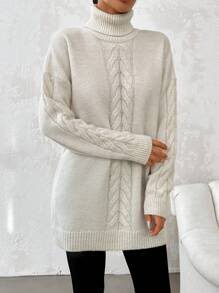 EURMUSE Turtleneck Cable Knit Drop Shoulder Sweater - Beige - View 4