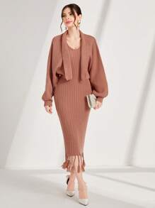 Modelyn Fringe Hem Sweater Dress & Cardigan 2 Piece Set Fall Cloth For Women - Redwood - View 3