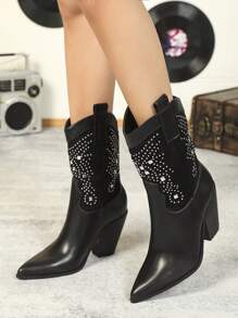 Styleloop Botas de media pantorrilla para mujer, con textura tejida, estilo bohemio, western, festival de música